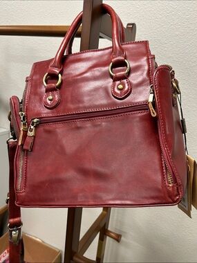 Structured Red Leather Satchel Handbag with Dual Handles Professional Boho